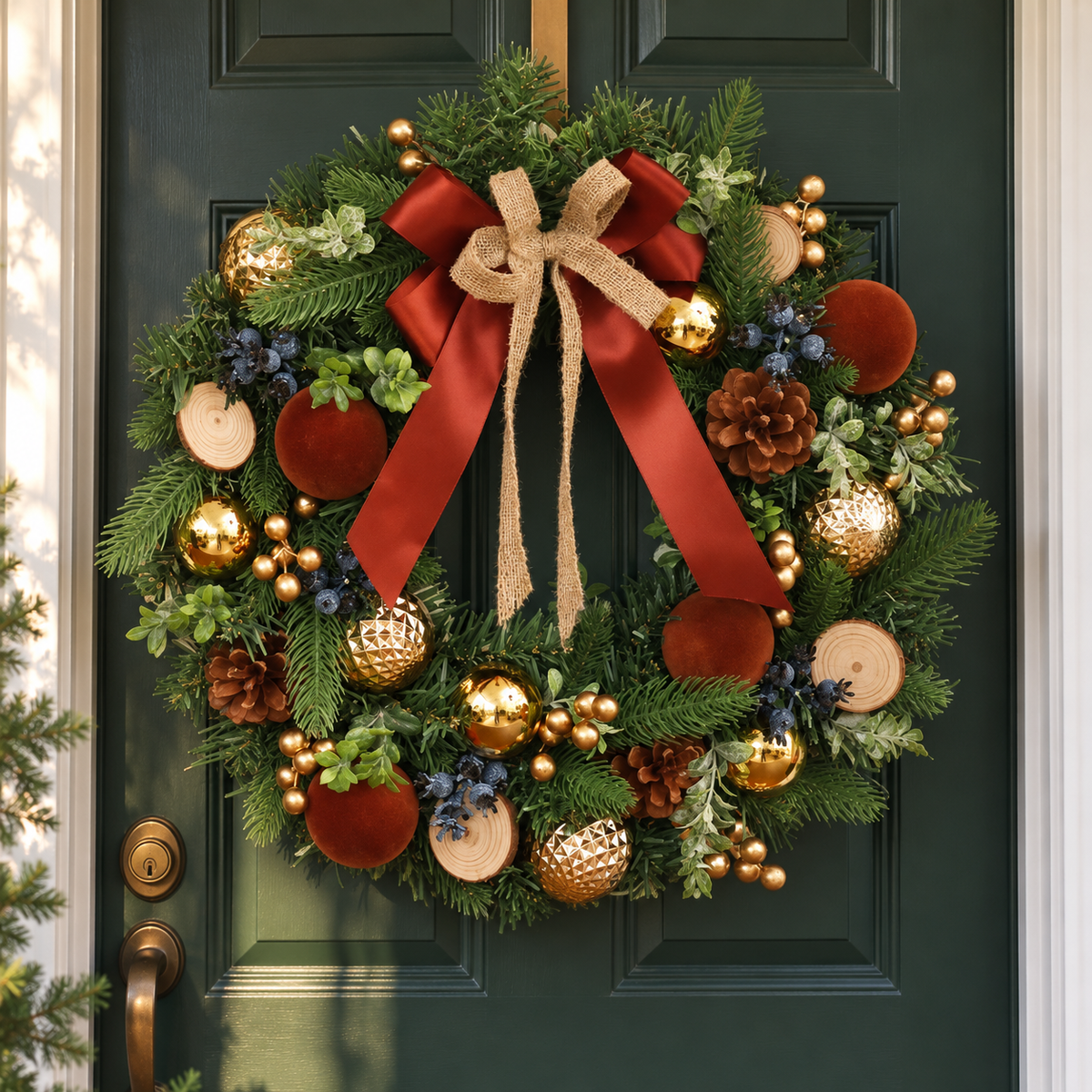 π Christmas Wreath | Evergreen Holiday Gift | Rustic Red-Gold Elegance