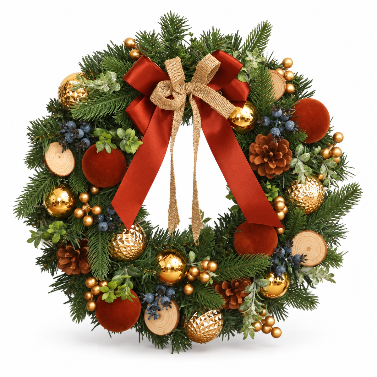 🎄 Christmas Wreath | Evergreen Holiday Gift | Rustic Red-Gold Elegance