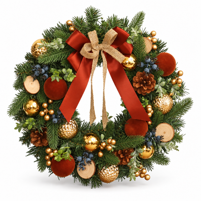 🎄 Christmas Wreath | Evergreen Holiday Gift | Rustic Red-Gold Elegance