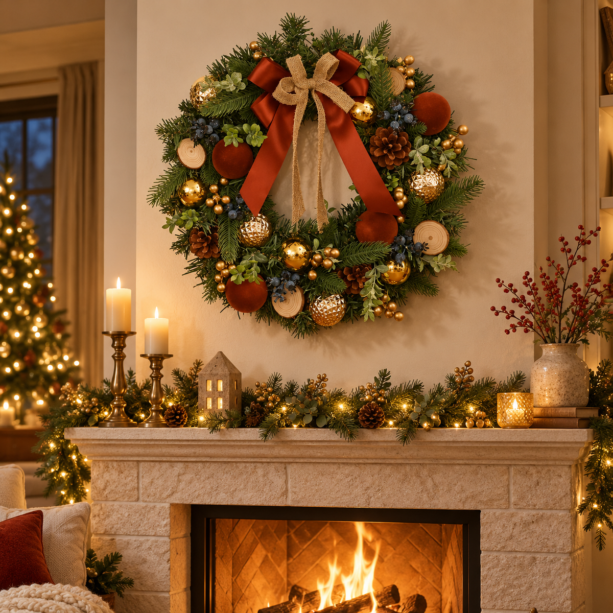 🎄 Christmas Wreath | Evergreen Holiday Gift | Rustic Red-Gold Elegance