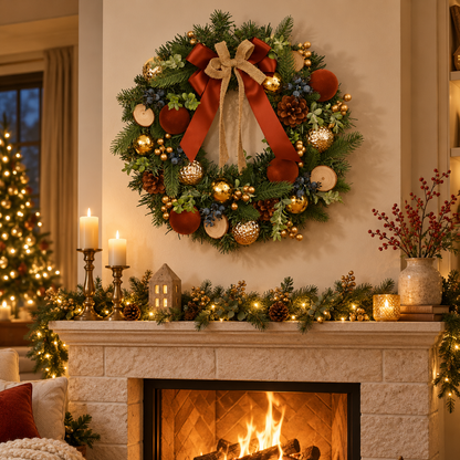 🎄 Christmas Wreath | Evergreen Holiday Gift | Rustic Red-Gold Elegance