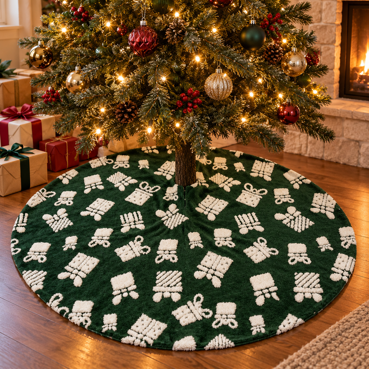 🎄 Tree Skirt | Plush | Holiday Gift | Green Giftbox Pattern