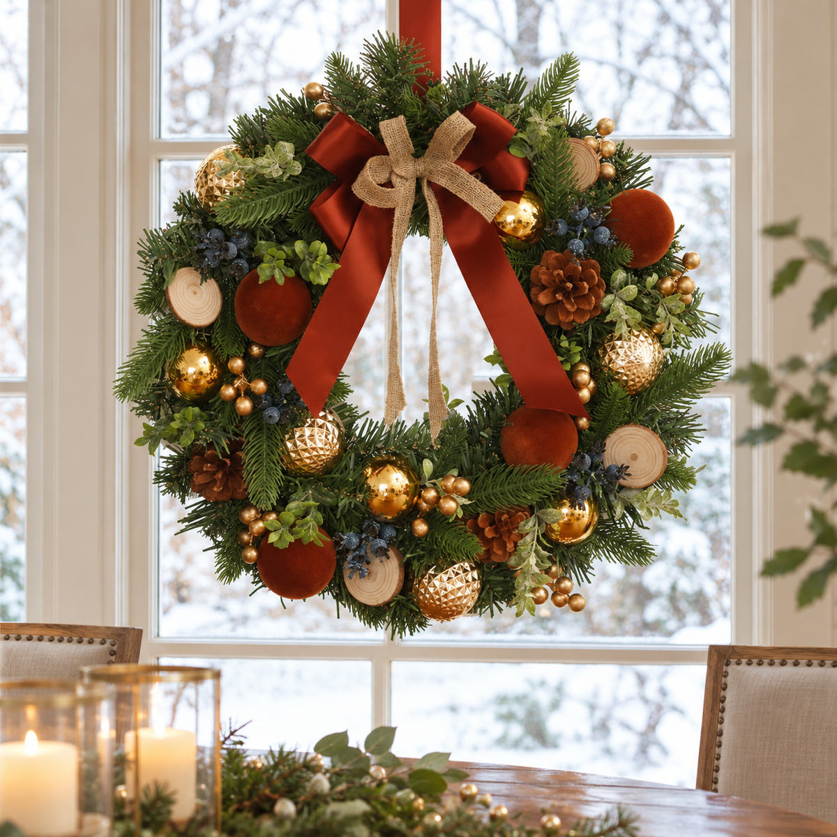 🎄 Christmas Wreath | Evergreen Holiday Gift | Rustic Red-Gold Elegance