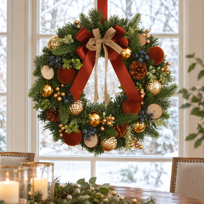 🎄 Christmas Wreath | Evergreen Holiday Gift | Rustic Red-Gold Elegance