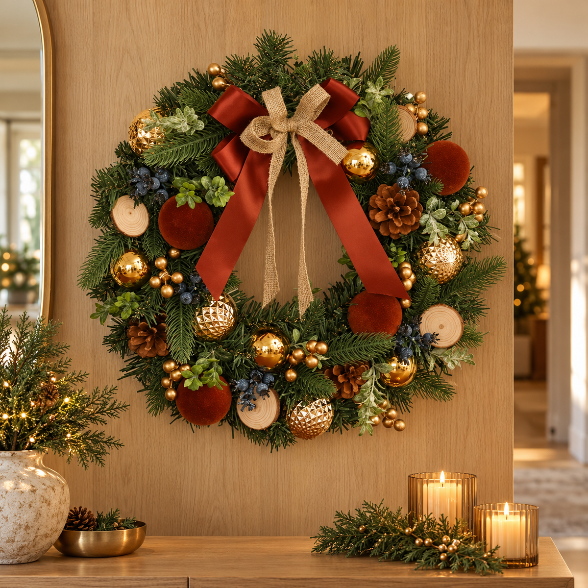 🎄 Christmas Wreath | Evergreen Holiday Gift | Rustic Red-Gold Elegance