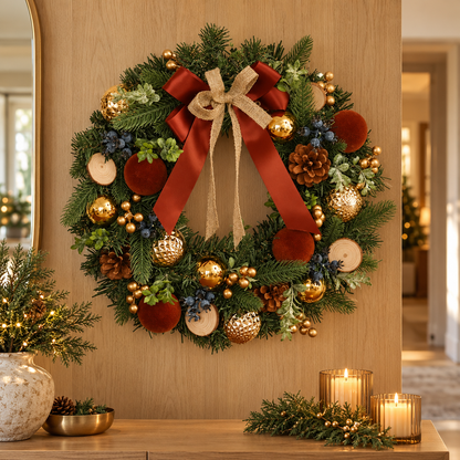 🎄 Christmas Wreath | Evergreen Holiday Gift | Rustic Red-Gold Elegance